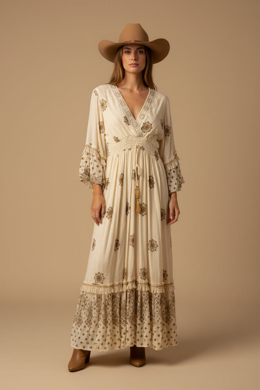 rebell boho western pepper Texas långklänning vit /beige toner unisex fit one size