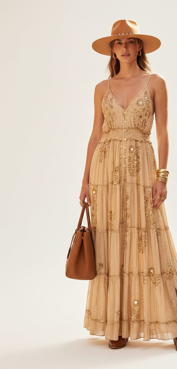 rebell boho western boho lågklänning beige