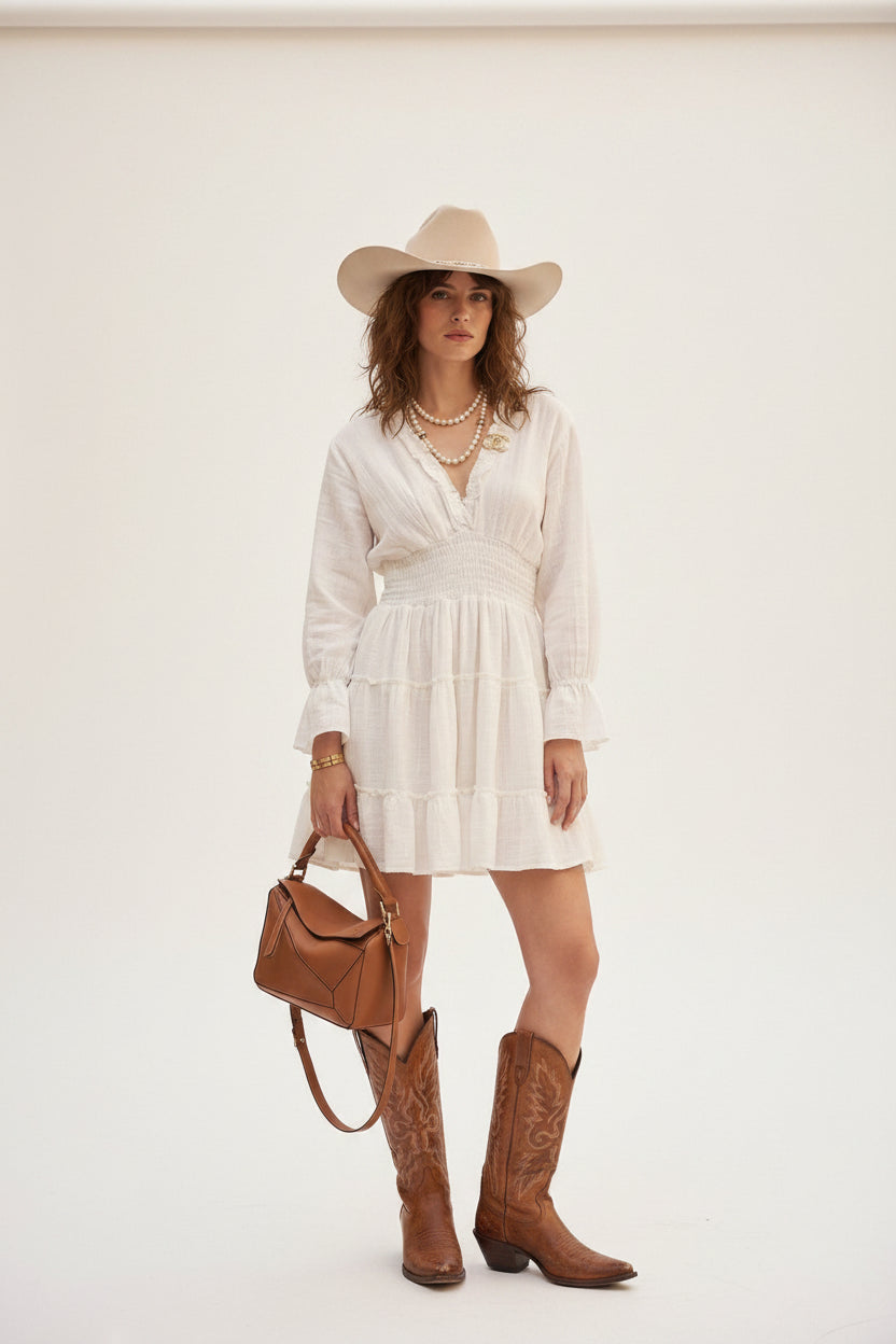 rebell boho western boho bomull klänning vit