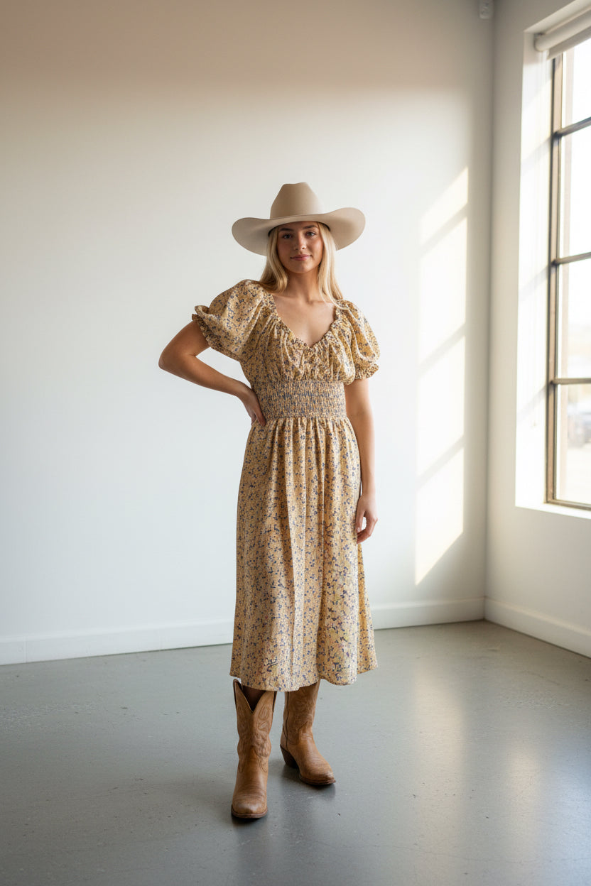 rebell boho western klänning gul/beige