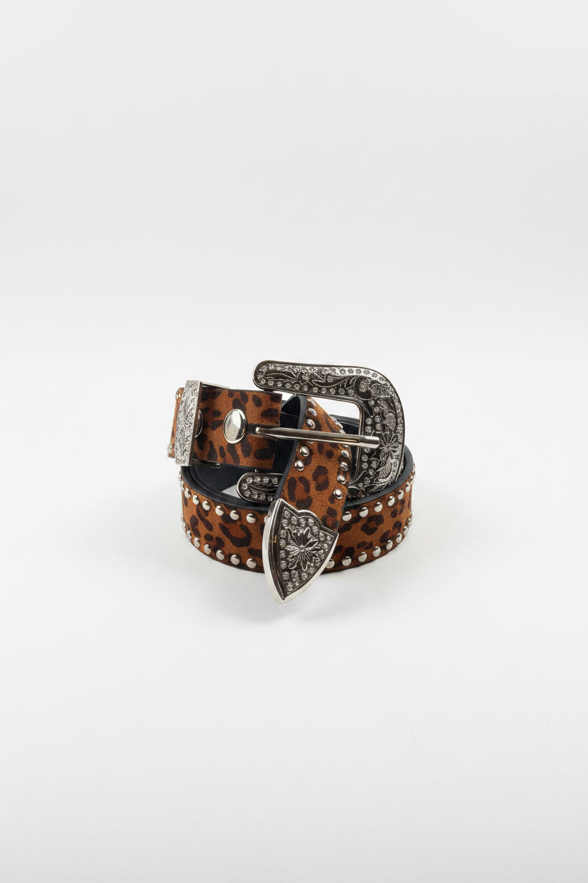 Rebell cowboy skärp med stenar och fejk leopard skinn svart