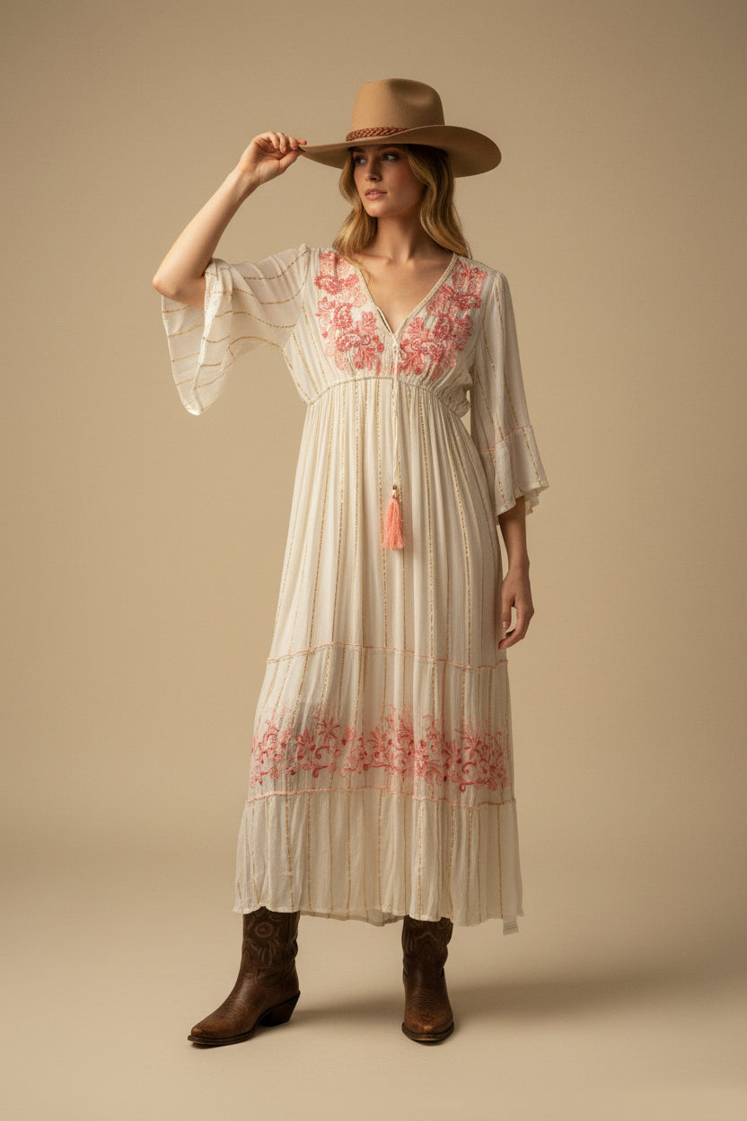 rebell boho western pepper Texas långklänning vit /rosa toner unisex fit one size