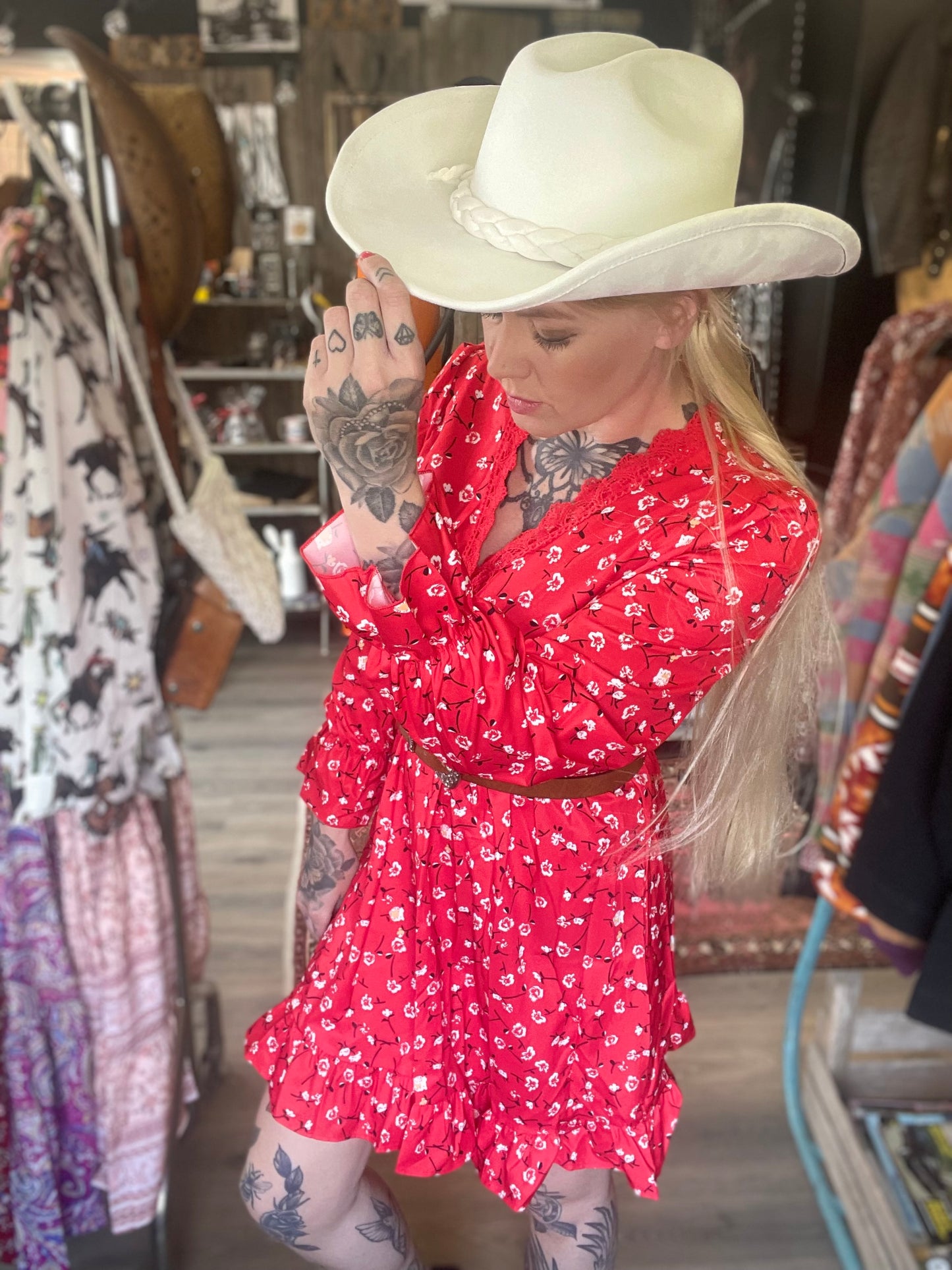 rebell boho western klänning röd med arm