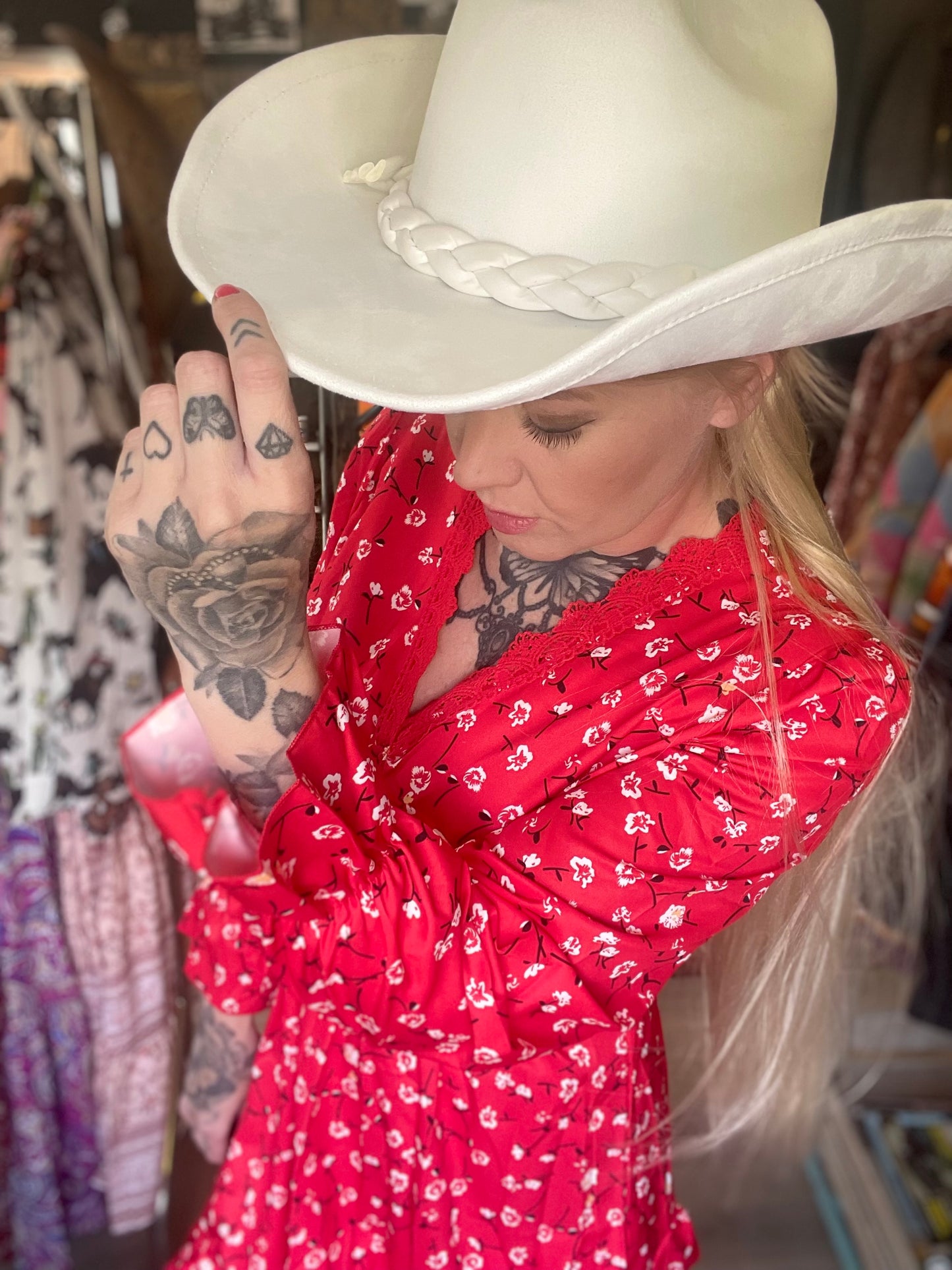 rebell boho western klänning röd med arm