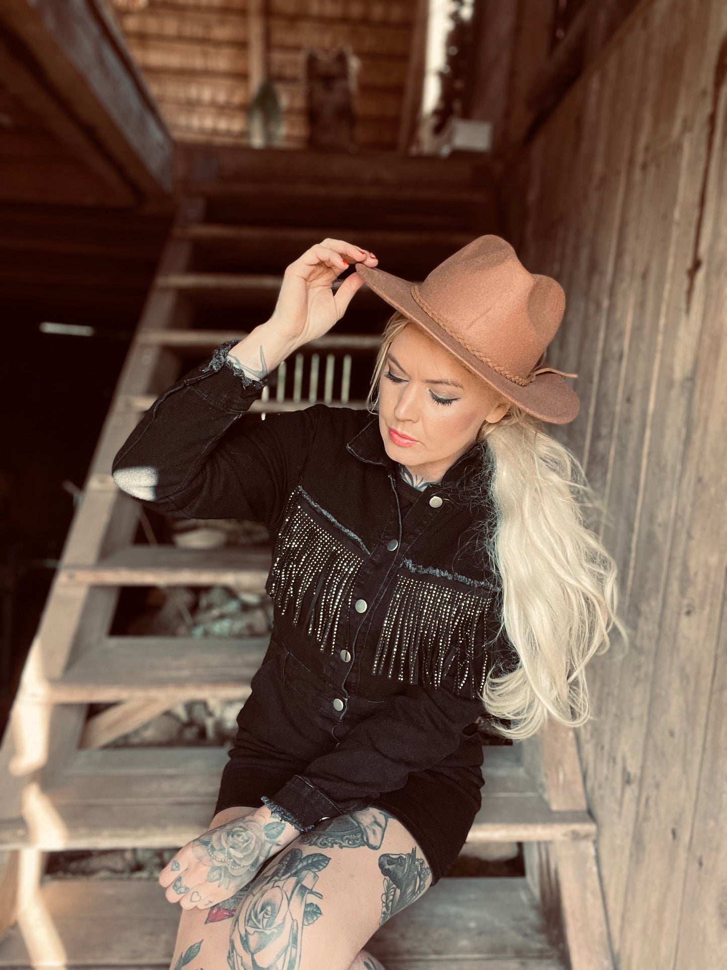 rebell boho western jeans klänning långärmad