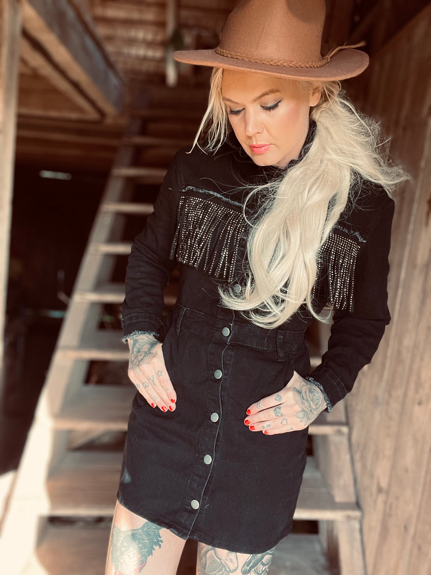 rebell boho western jeans klänning långärmad