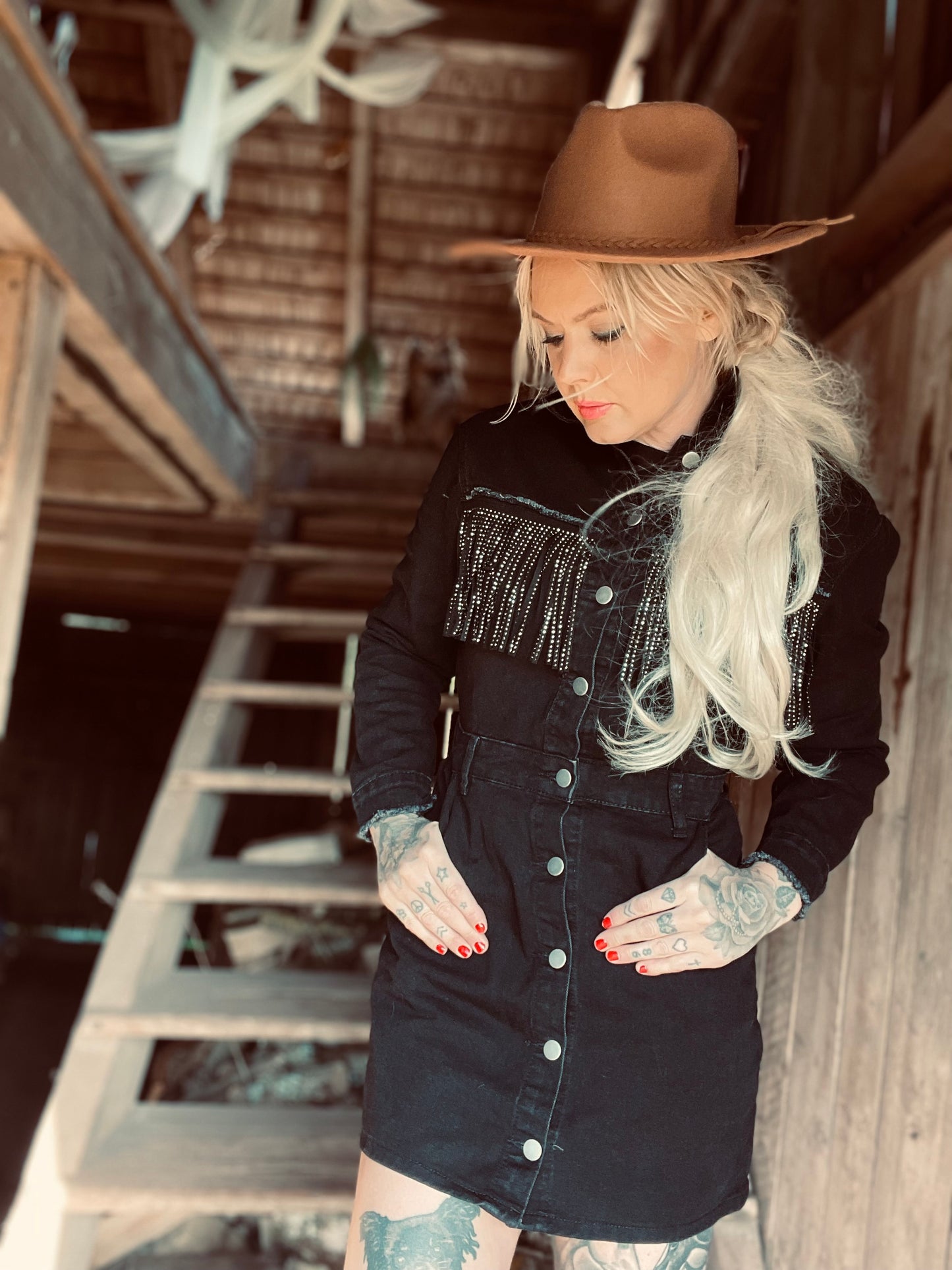 rebell boho western jeans klänning långärmad