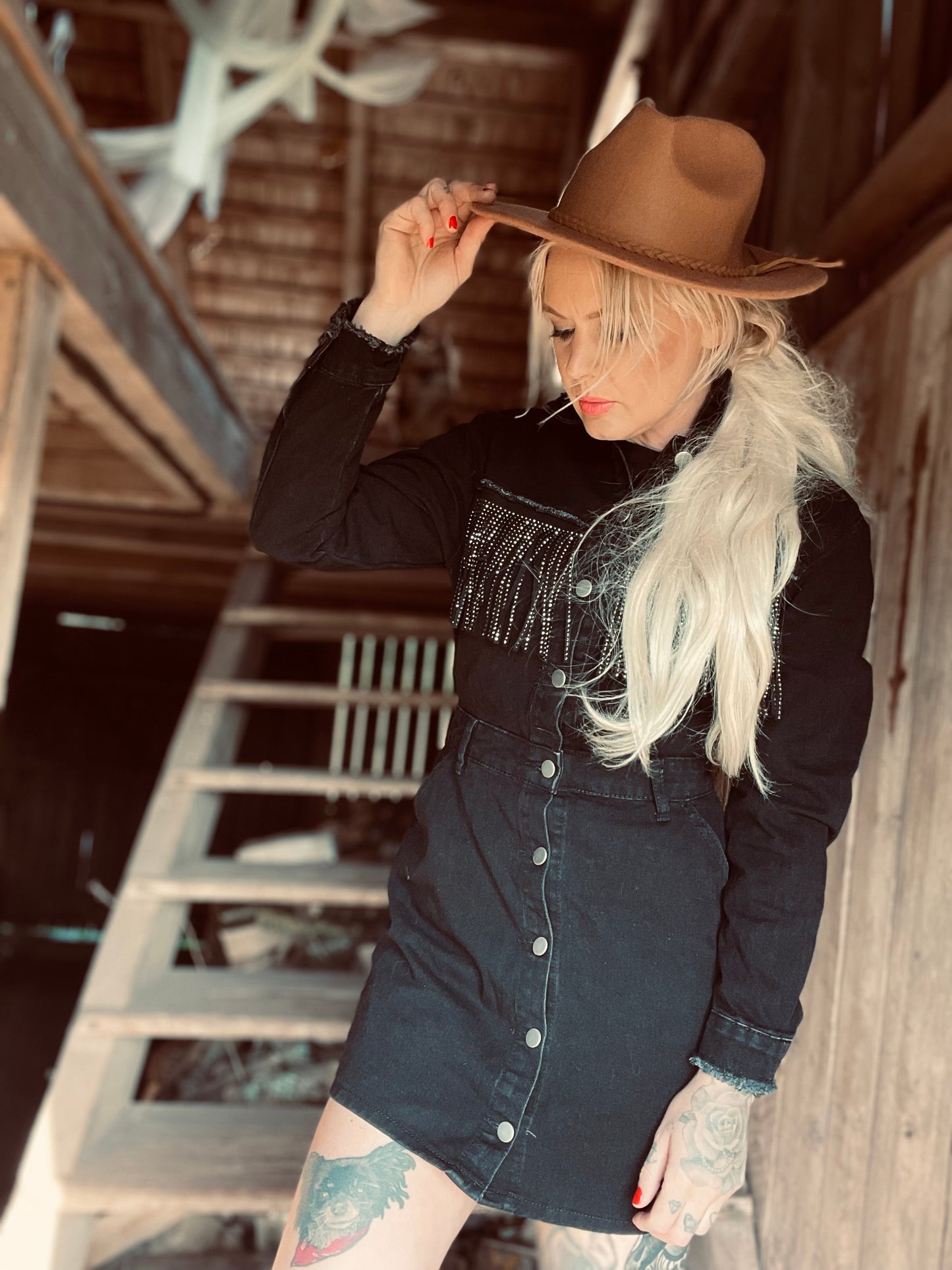 rebell boho western jeans klänning långärmad