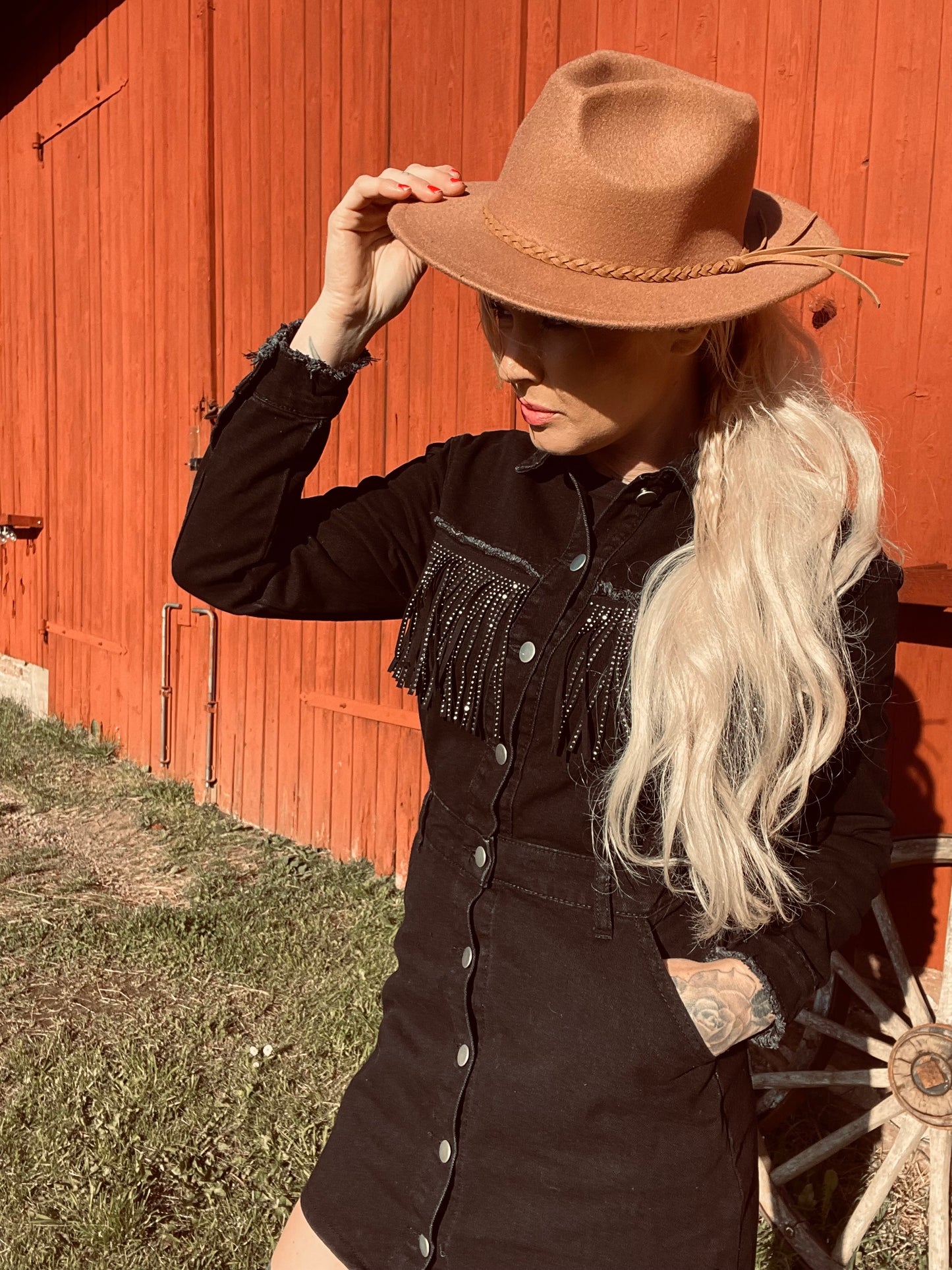 rebell boho western jeans klänning långärmad