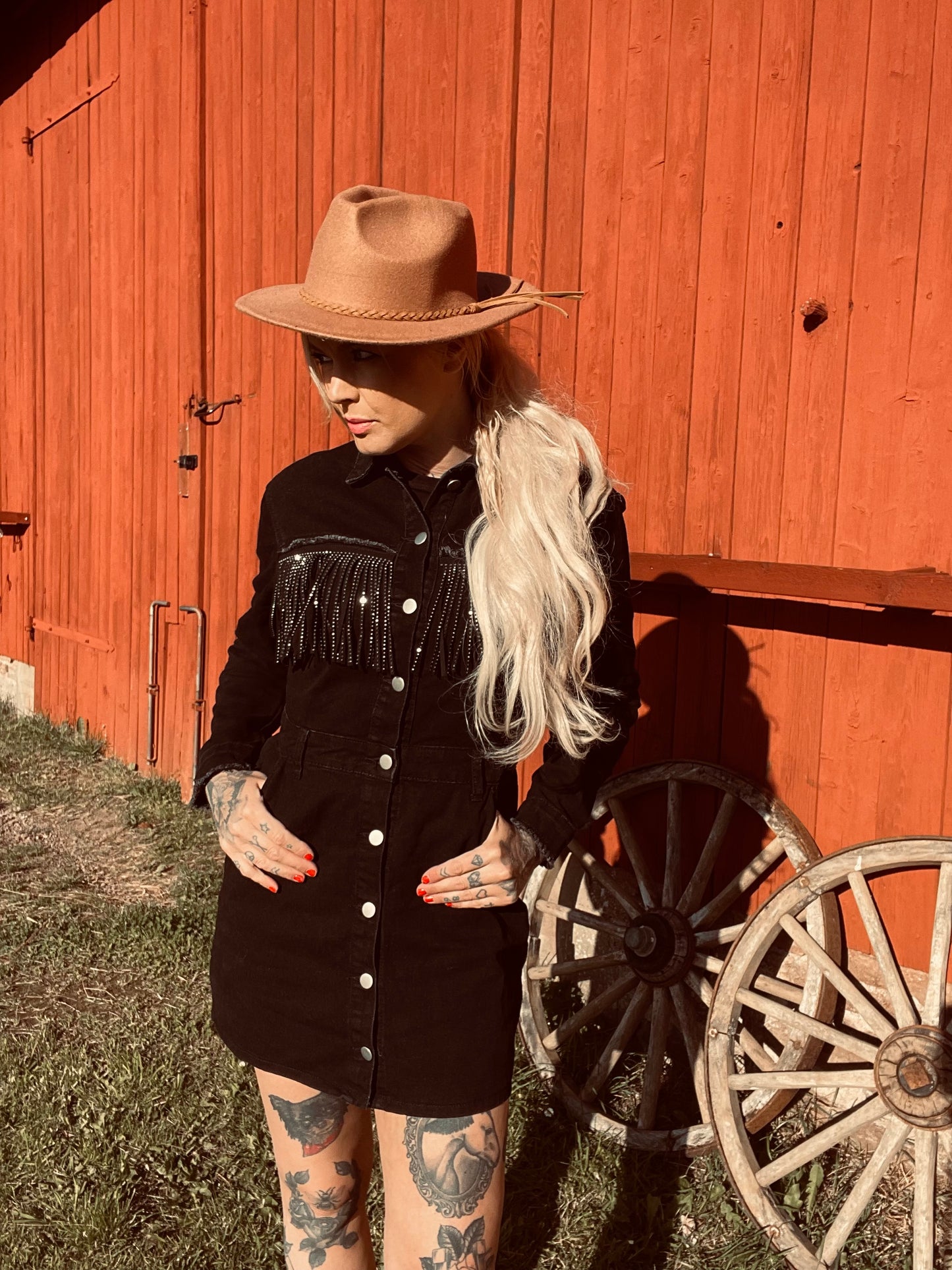rebell boho western jeans klänning långärmad