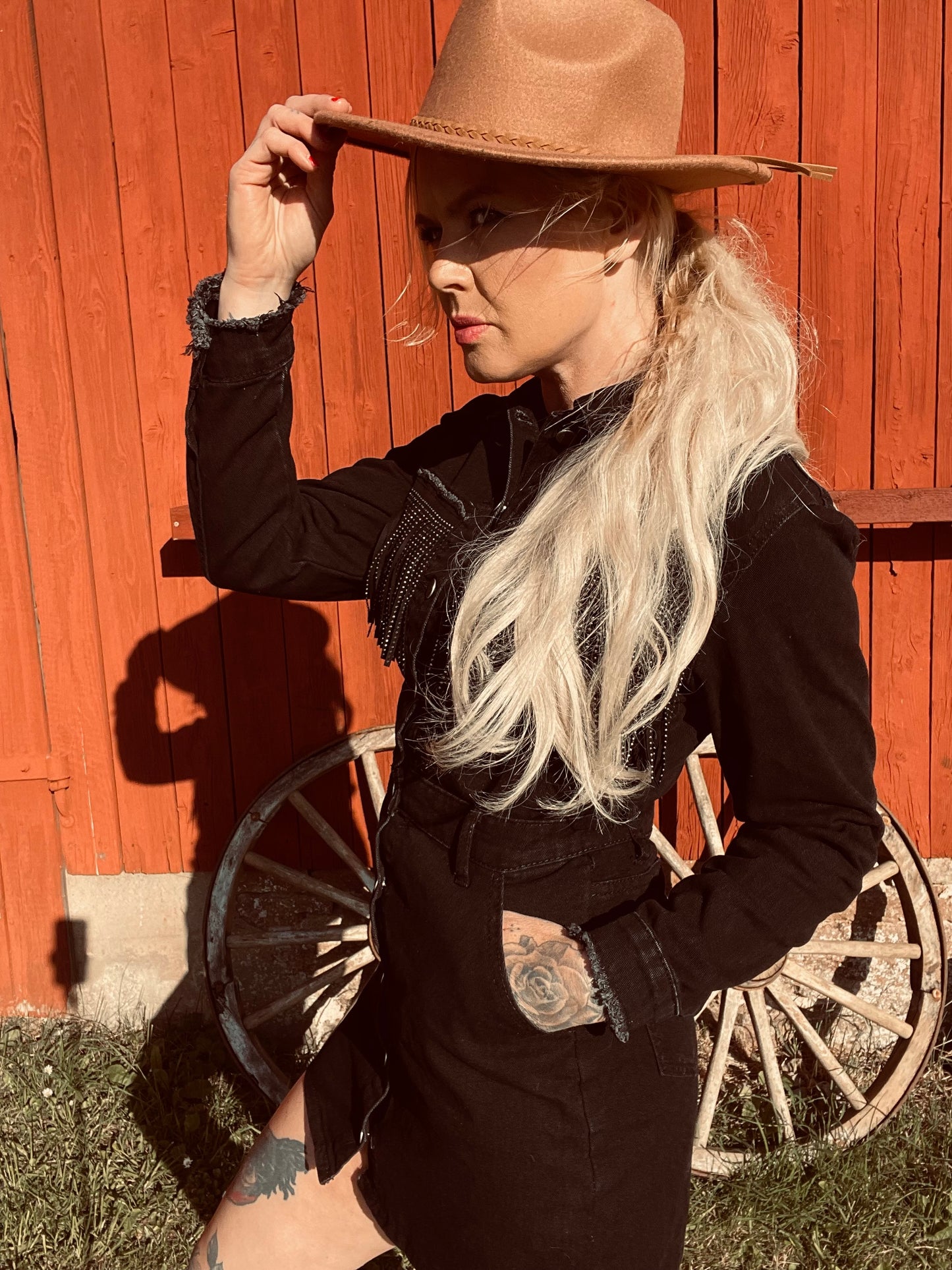 rebell boho western jeans klänning långärmad