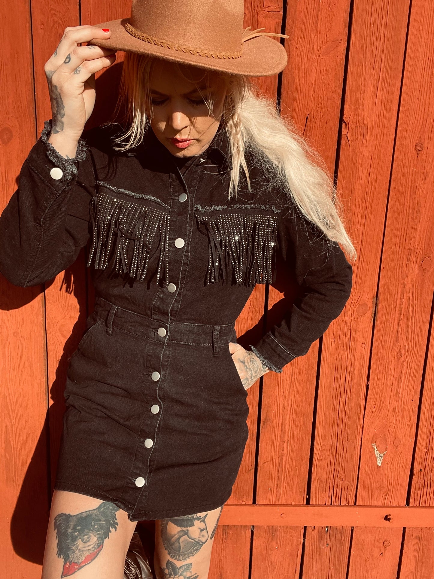 rebell boho western jeans klänning långärmad