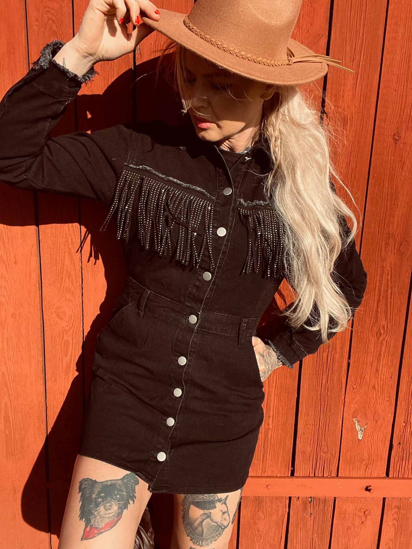 rebell boho western jeans klänning långärmad