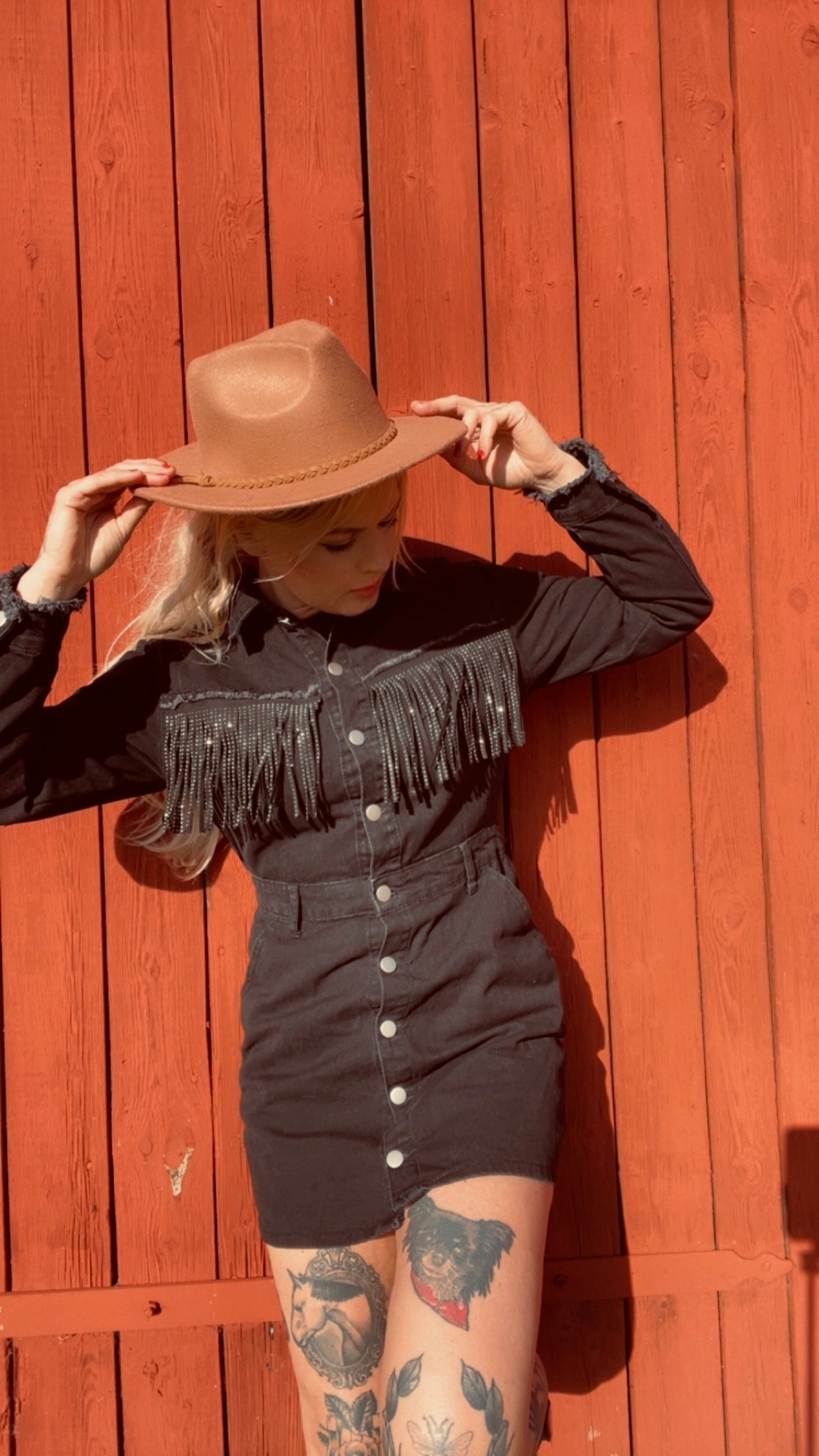 rebell boho western jeans klänning långärmad