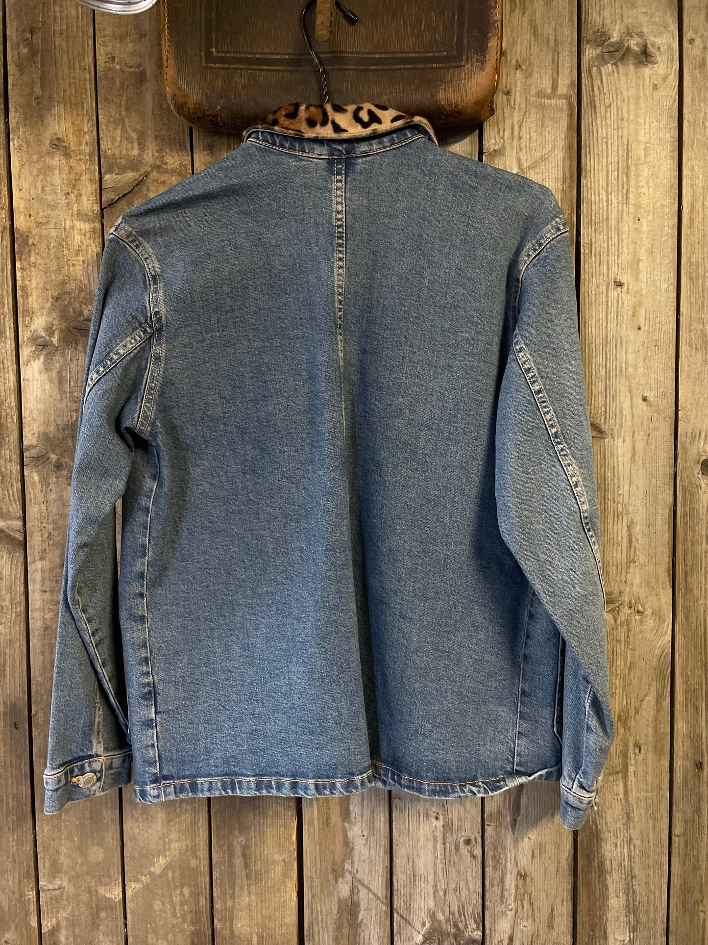 Vintage jeansjacka leopard krage small
