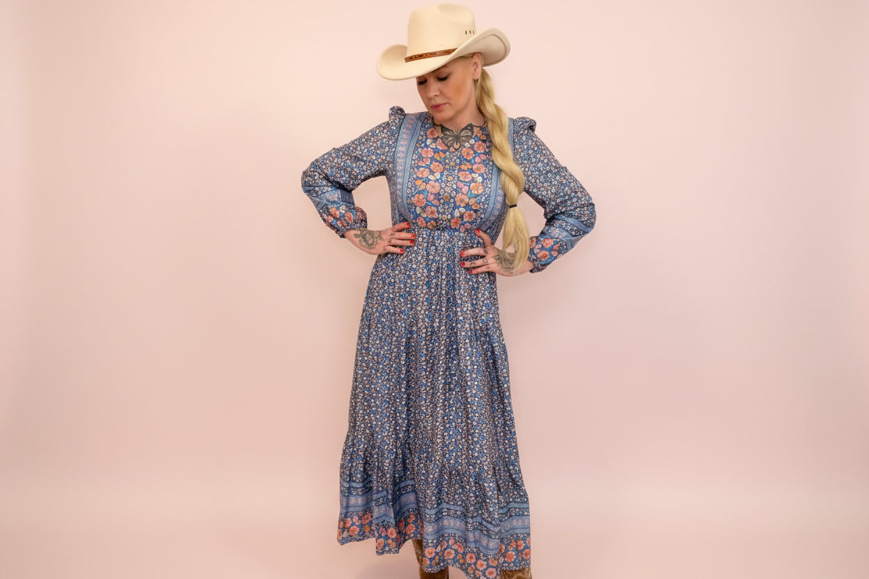 rebell boho western Texas grace långklänning blåa toner