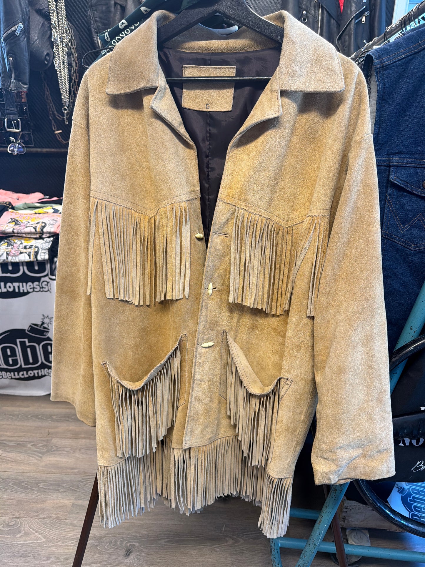 Vintage mocka western jacka ljus beige  fransjacka  strlk large XL