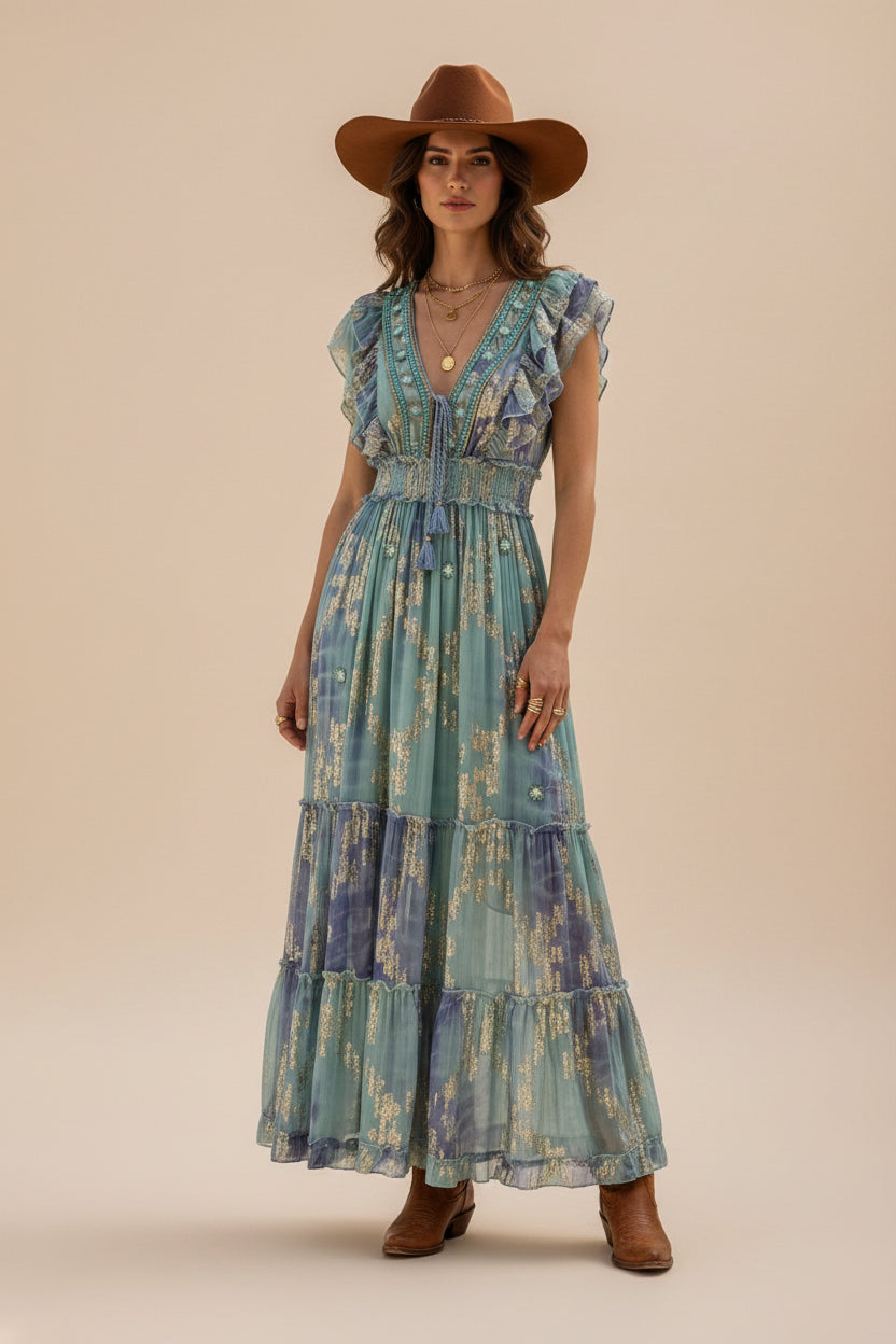 rebell boho western boho lågklänning blå