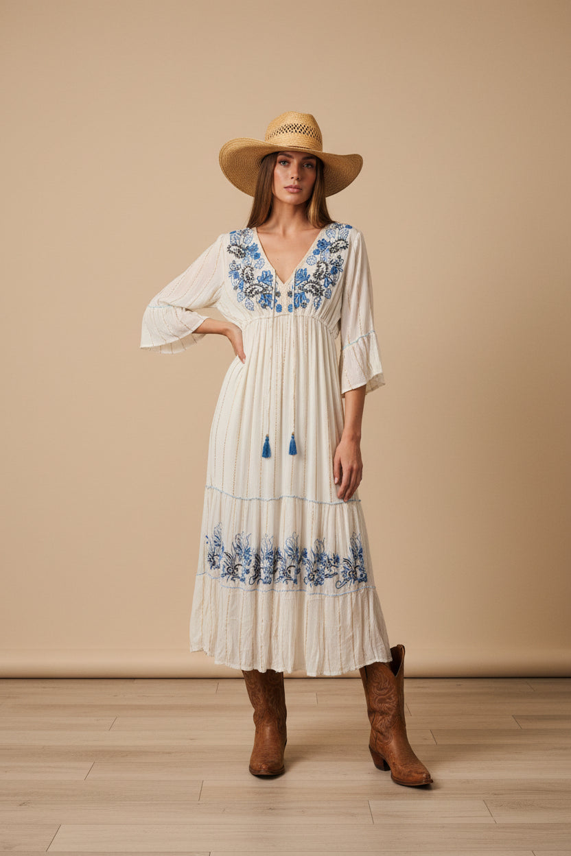 rebell boho western pepper Texas långklänning vit /blå toner unisex fit one size