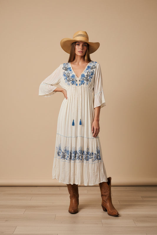 rebell boho western pepper Texas långklänning vit /blå toner unisex fit one size