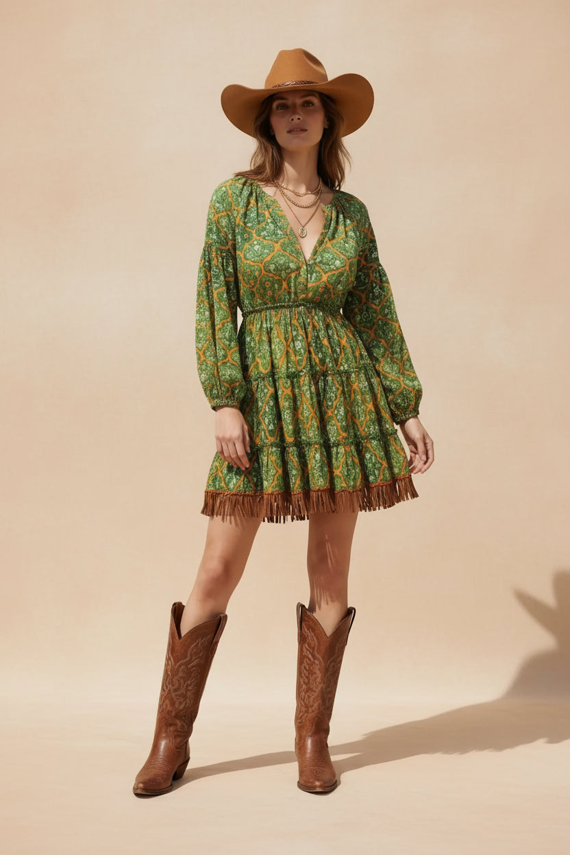rebell boho western boho handbroderad klänning grön kort