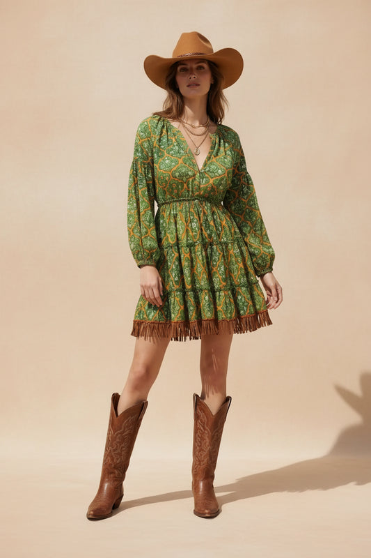 rebell boho western boho handbroderad klänning grön kort