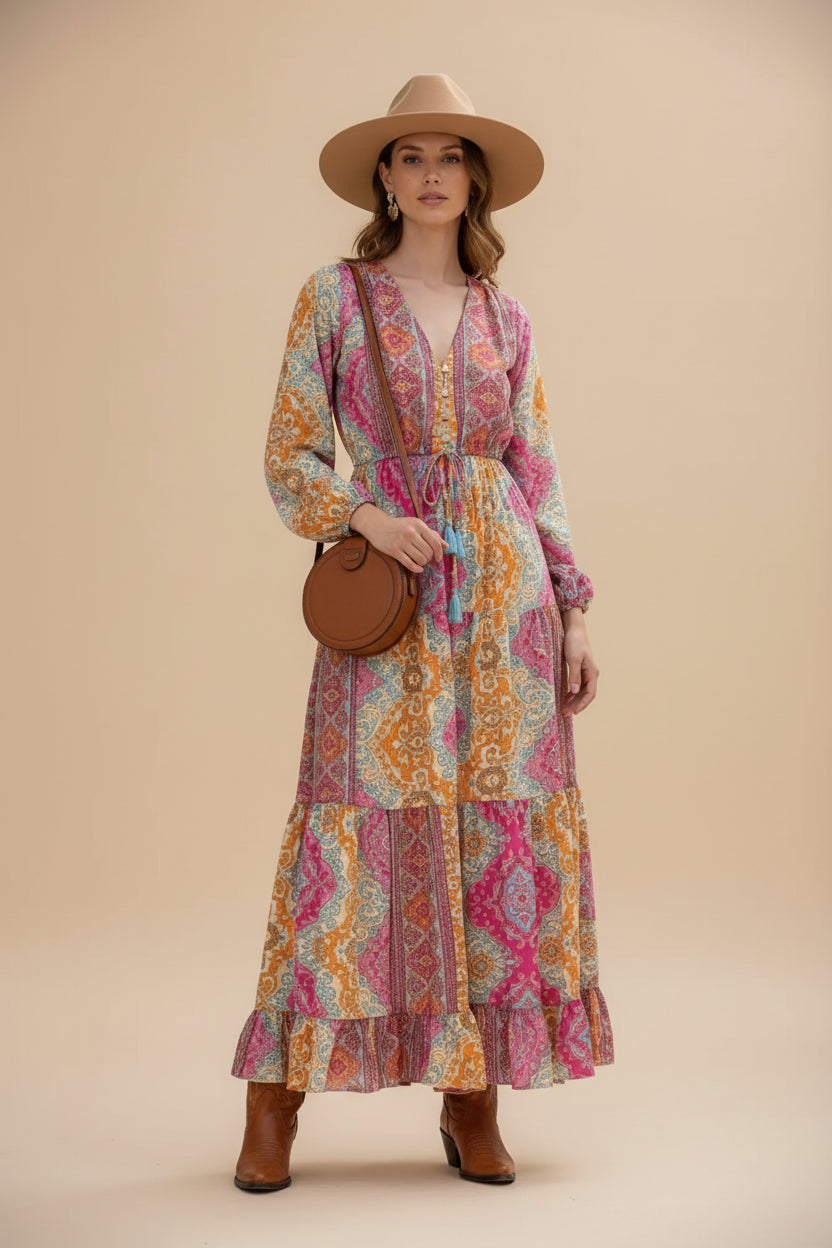 rebell boho western boho lågklänning rosa