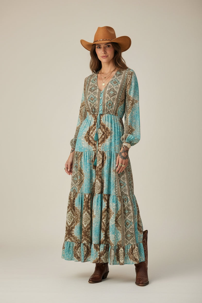 rebell boho western boho lågklänning turkos