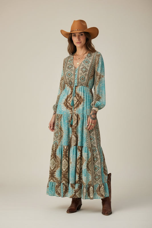 rebell boho western boho lågklänning turkos