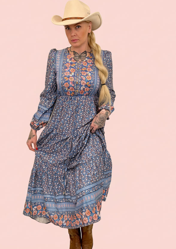 rebell boho western Texas grace långklänning blåa toner