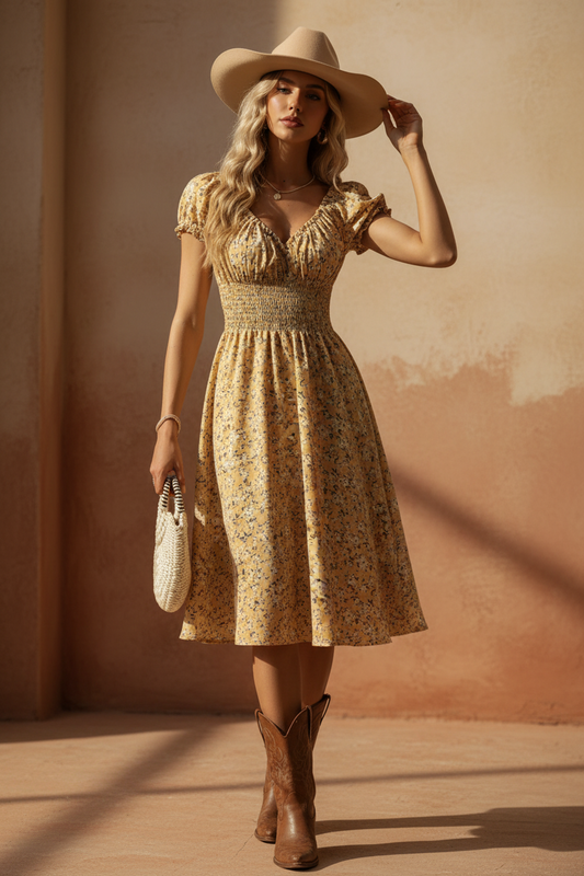 rebell boho western klänning gul/beige