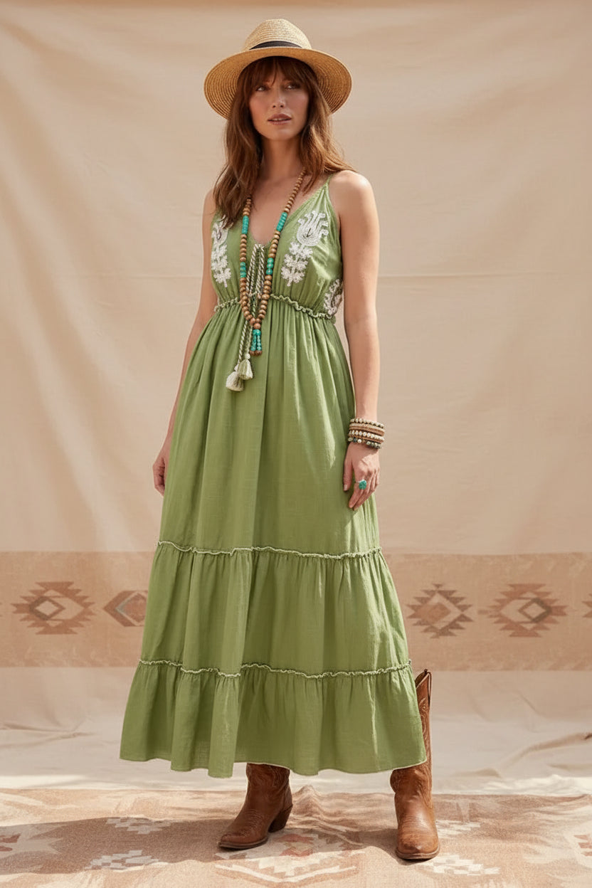rebell boho western boho handbroderad klänning grön