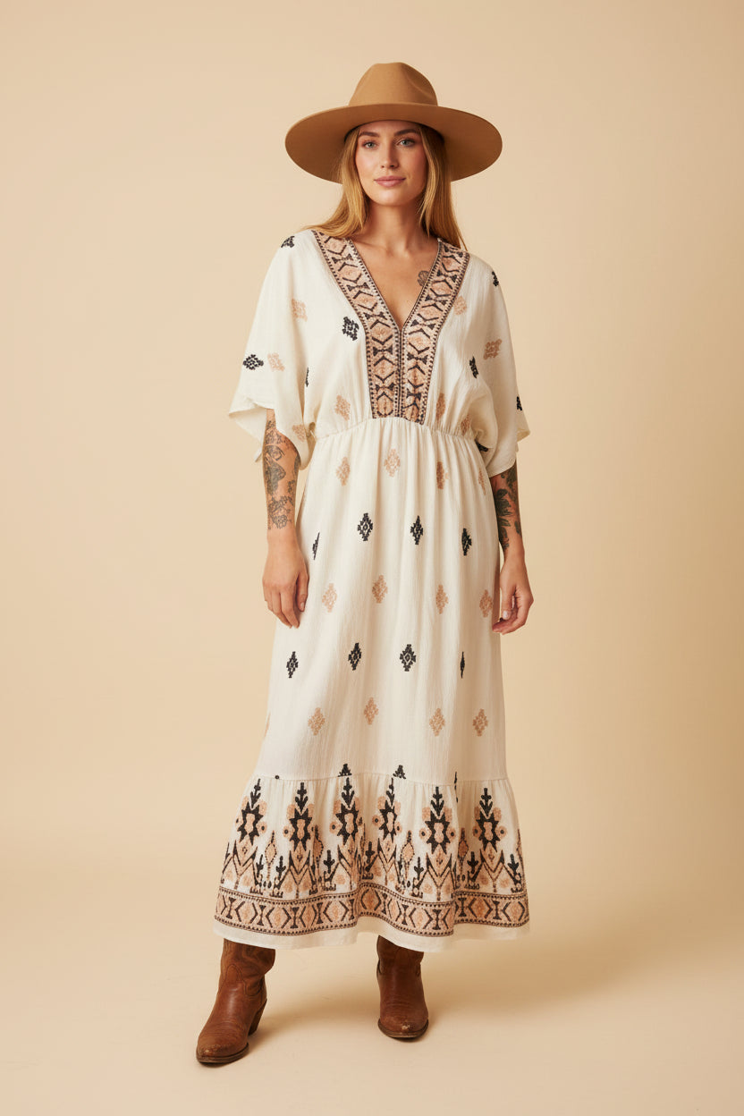 rebell boho western pepper sweet summer långklänning vit /beige toner