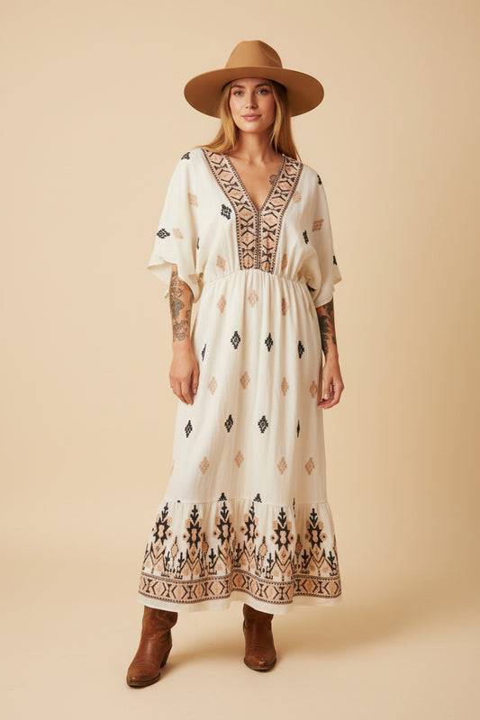 rebell boho western pepper sweet summer långklänning vit /beige toner