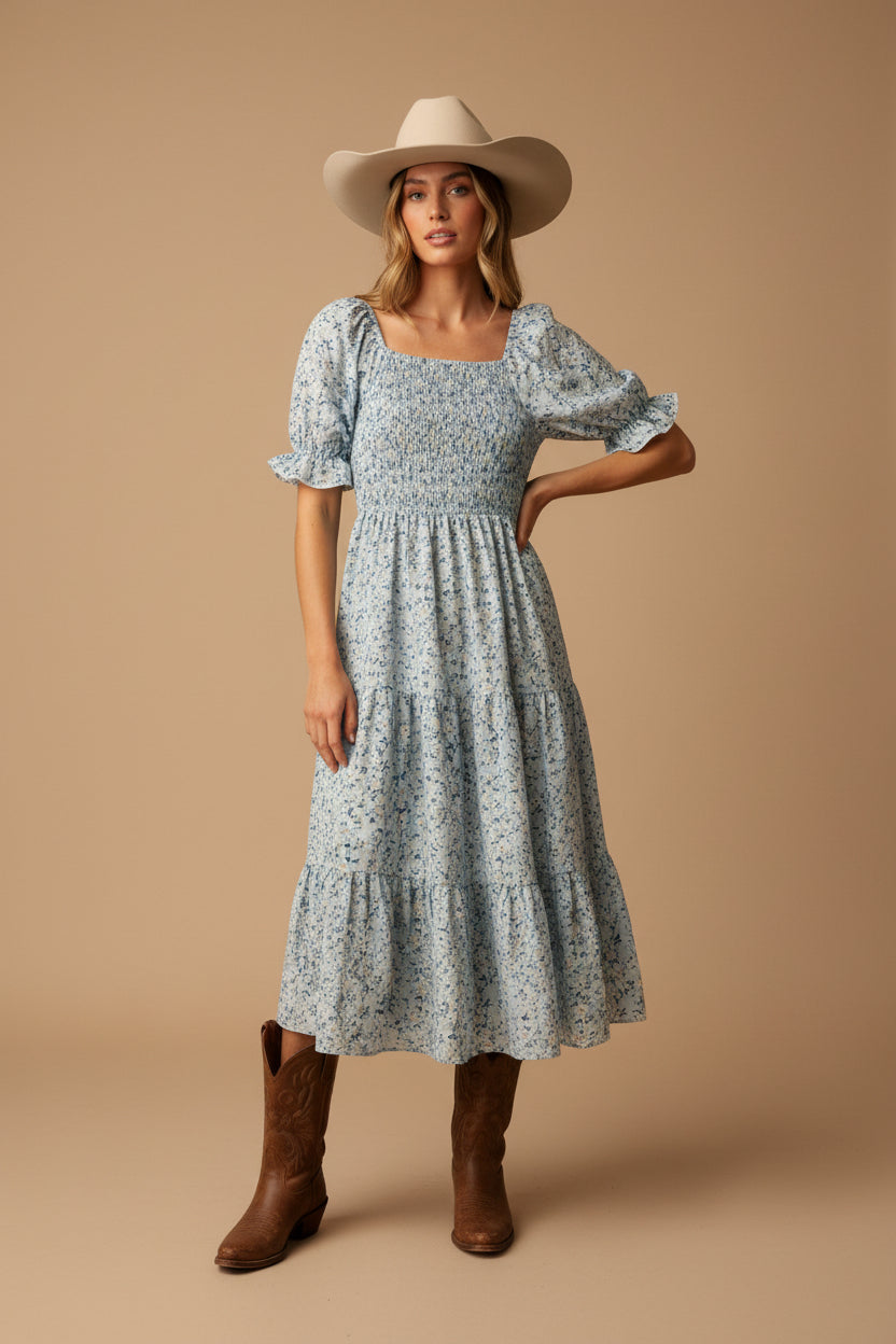 rebell boho western sweettexas långklänning blåa vita blommor