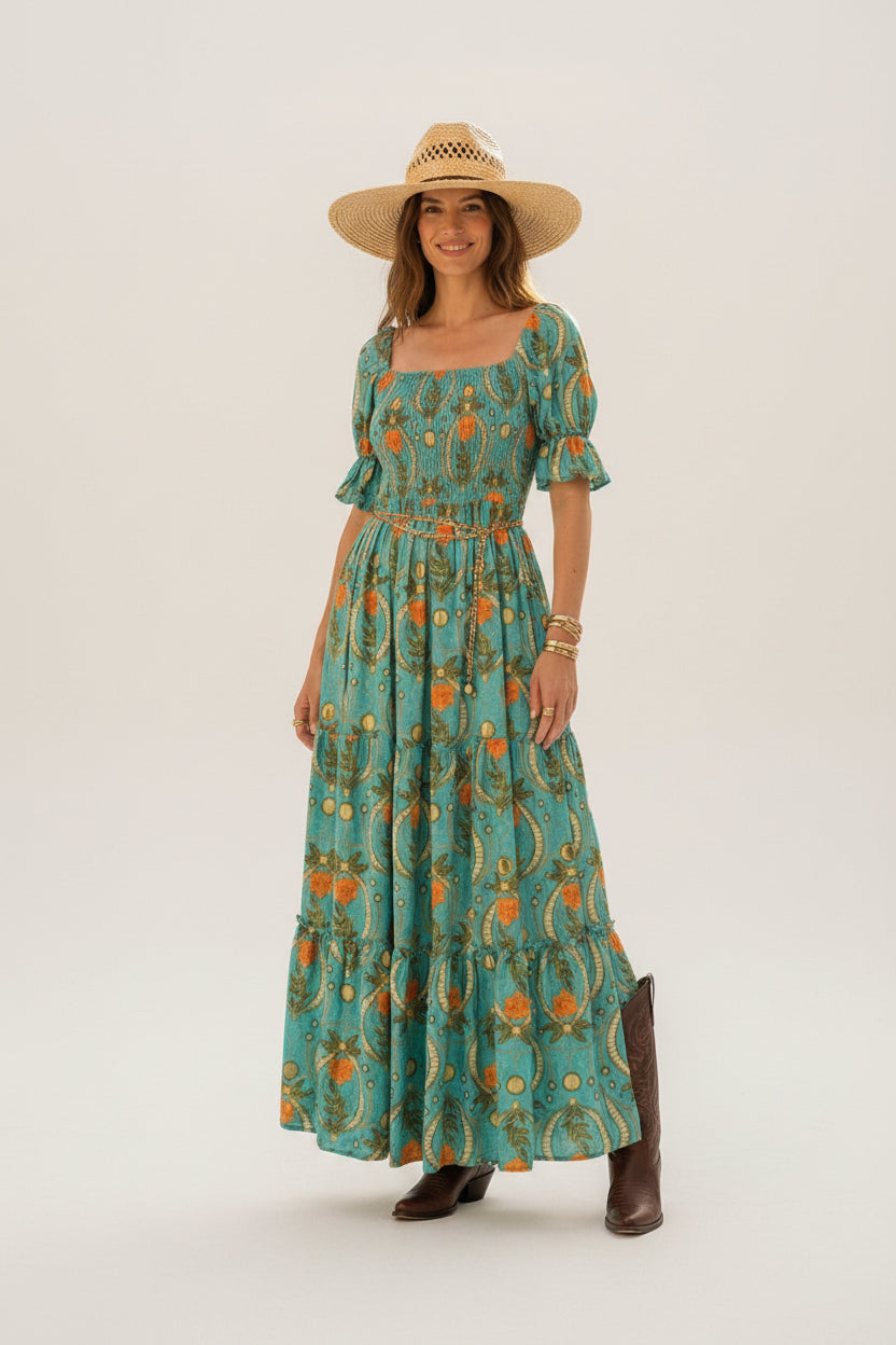 rebell boho western boho lågklänning turkos