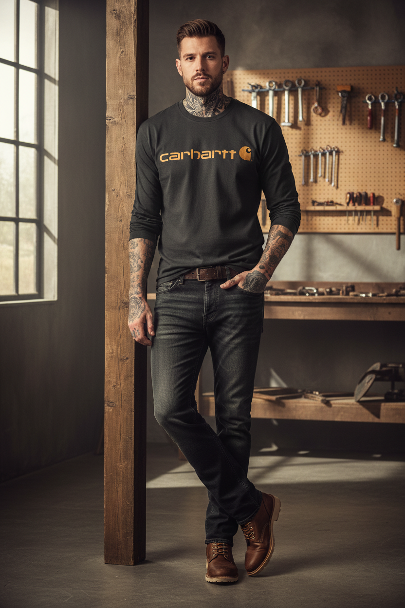 carhartt långärmad mörkgrå  gul print klassisk tryck bröst unisex