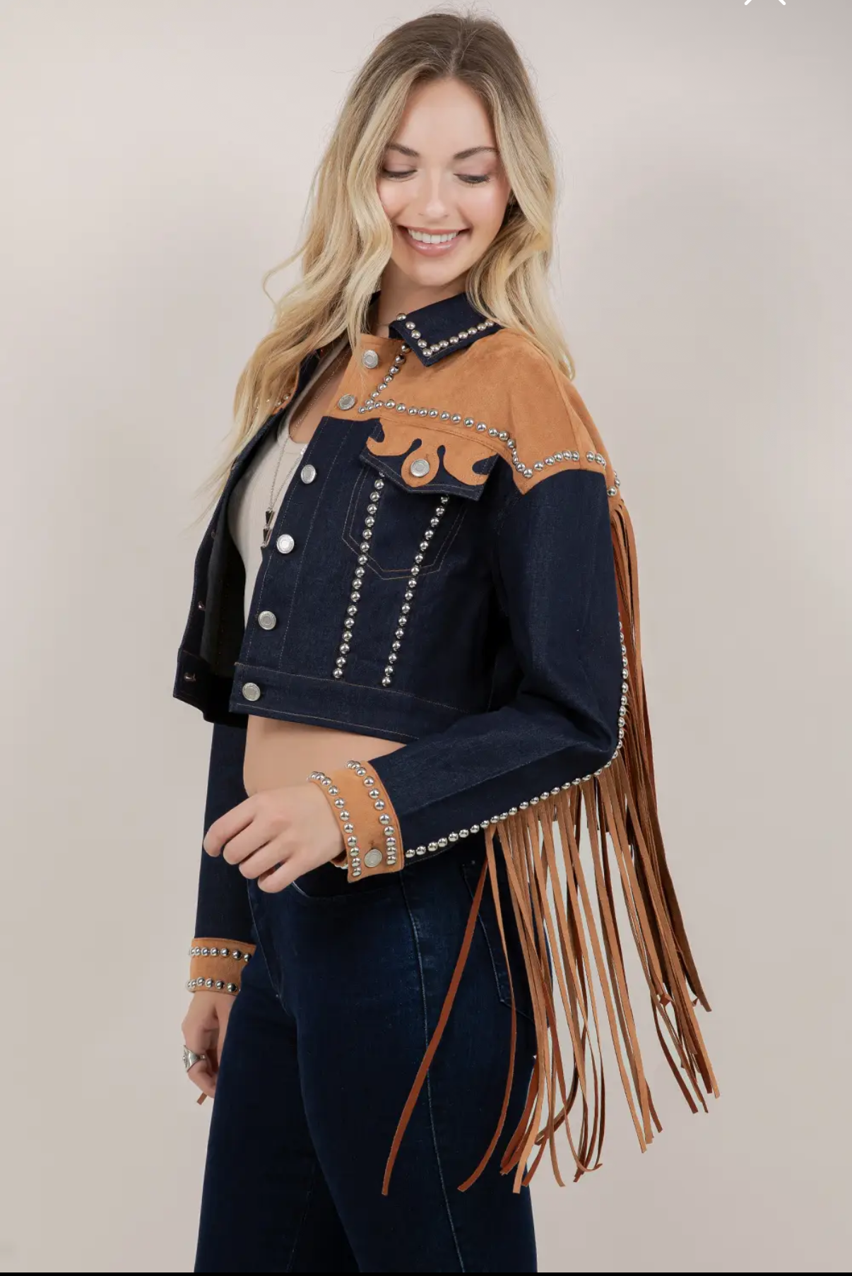 Rebell fransjacka denim & brun usa