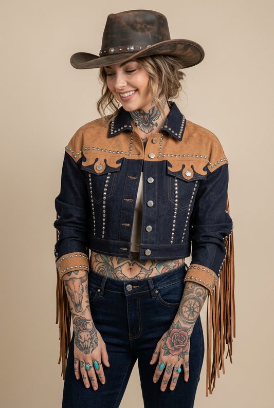 Rebell fransjacka denim & brun usa