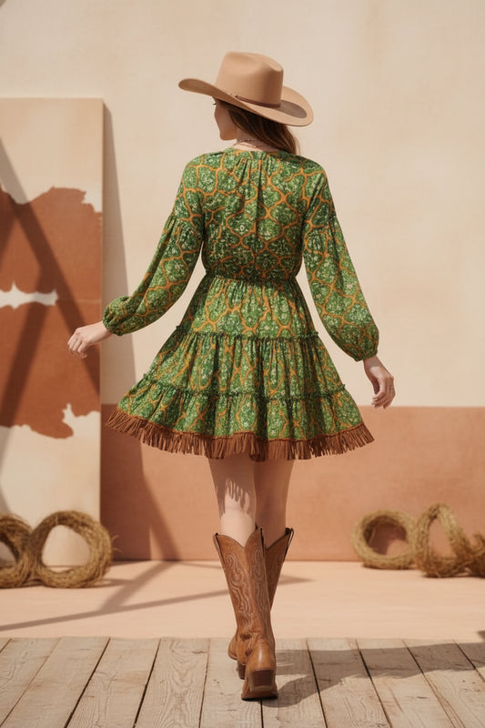 rebell boho western boho handbroderad klänning grön kort