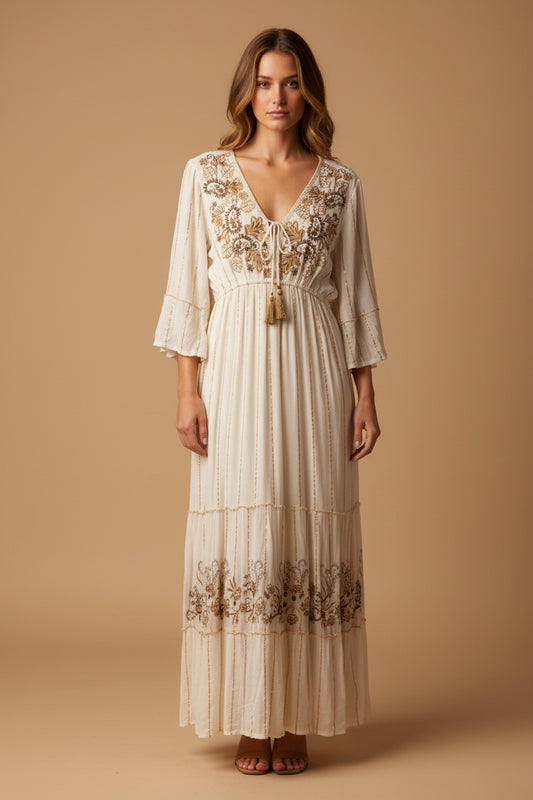 rebell boho western pepper Texas långklänning beige guld unisex fit one size