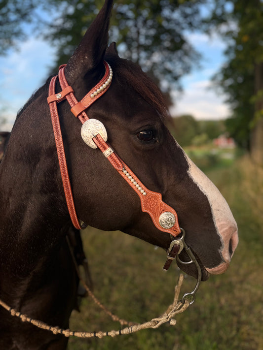 Wildwestrebell western träns brunt med pärlor
