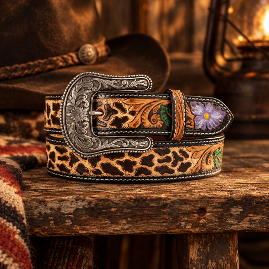 Ariat WMS Hand Tooled Cheetah Print With Painted Flower Belt