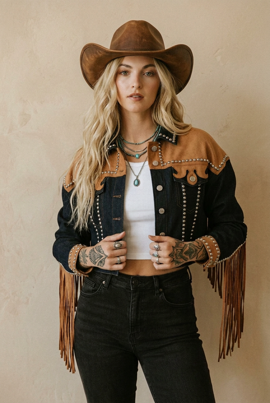 Rebell fransjacka denim & brun usa