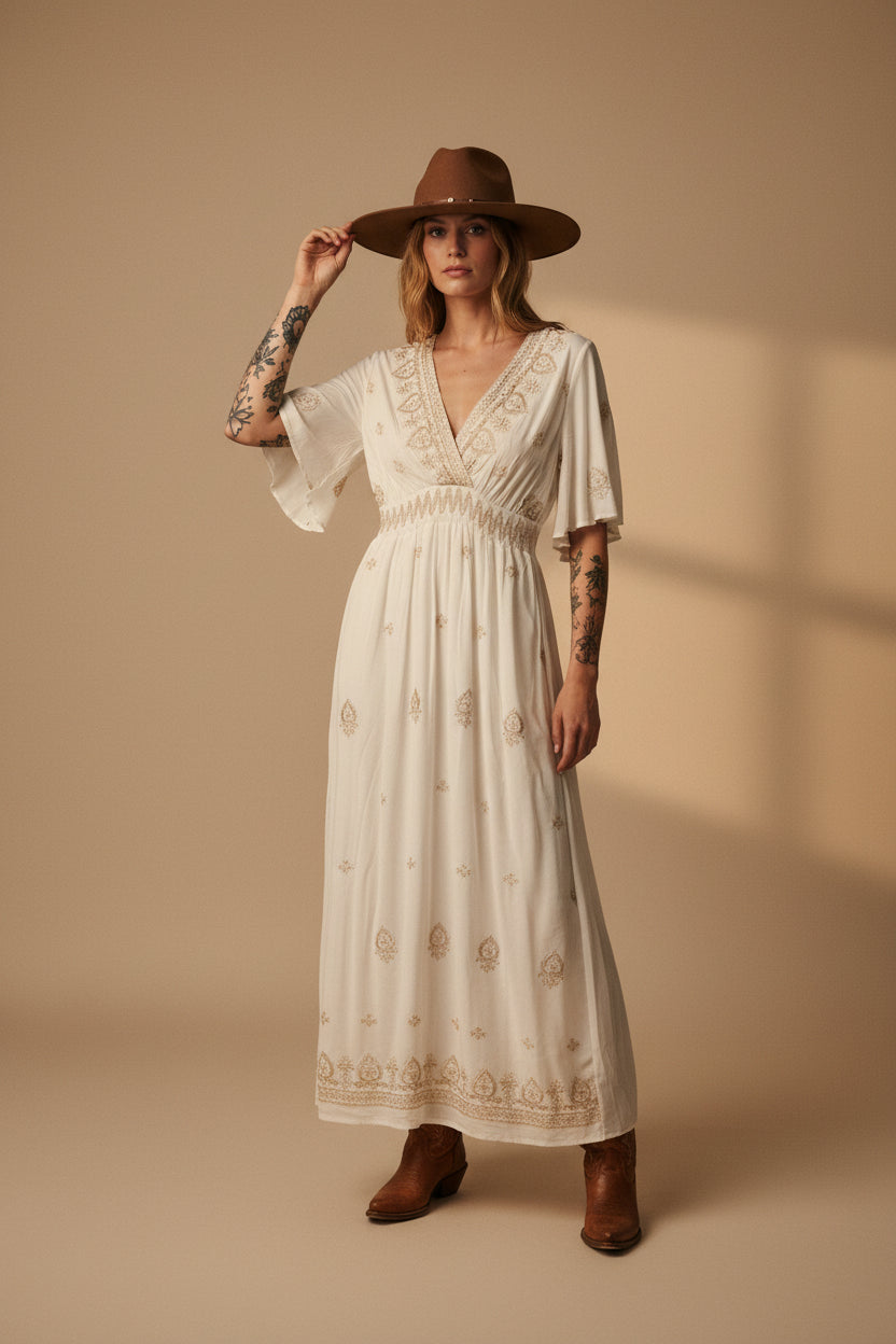 rebell boho western pepper Texas långklänning vit /beige toner