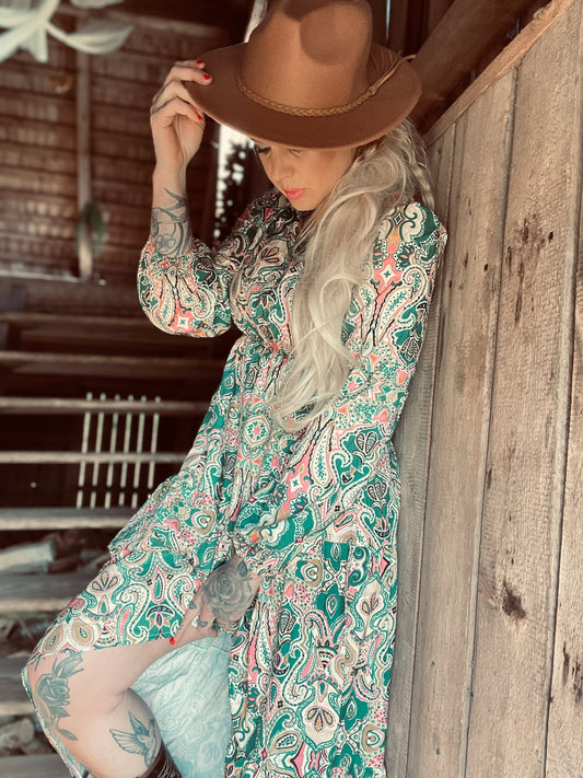 rebell boho western lång klänning långärmad