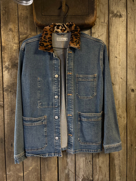 Vintage jeansjacka leopard  krage small