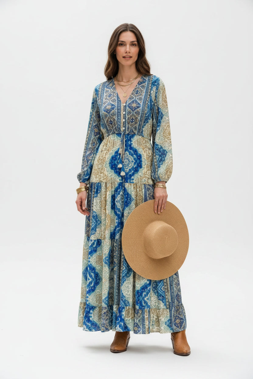 rebell boho western boho lågklänning blå