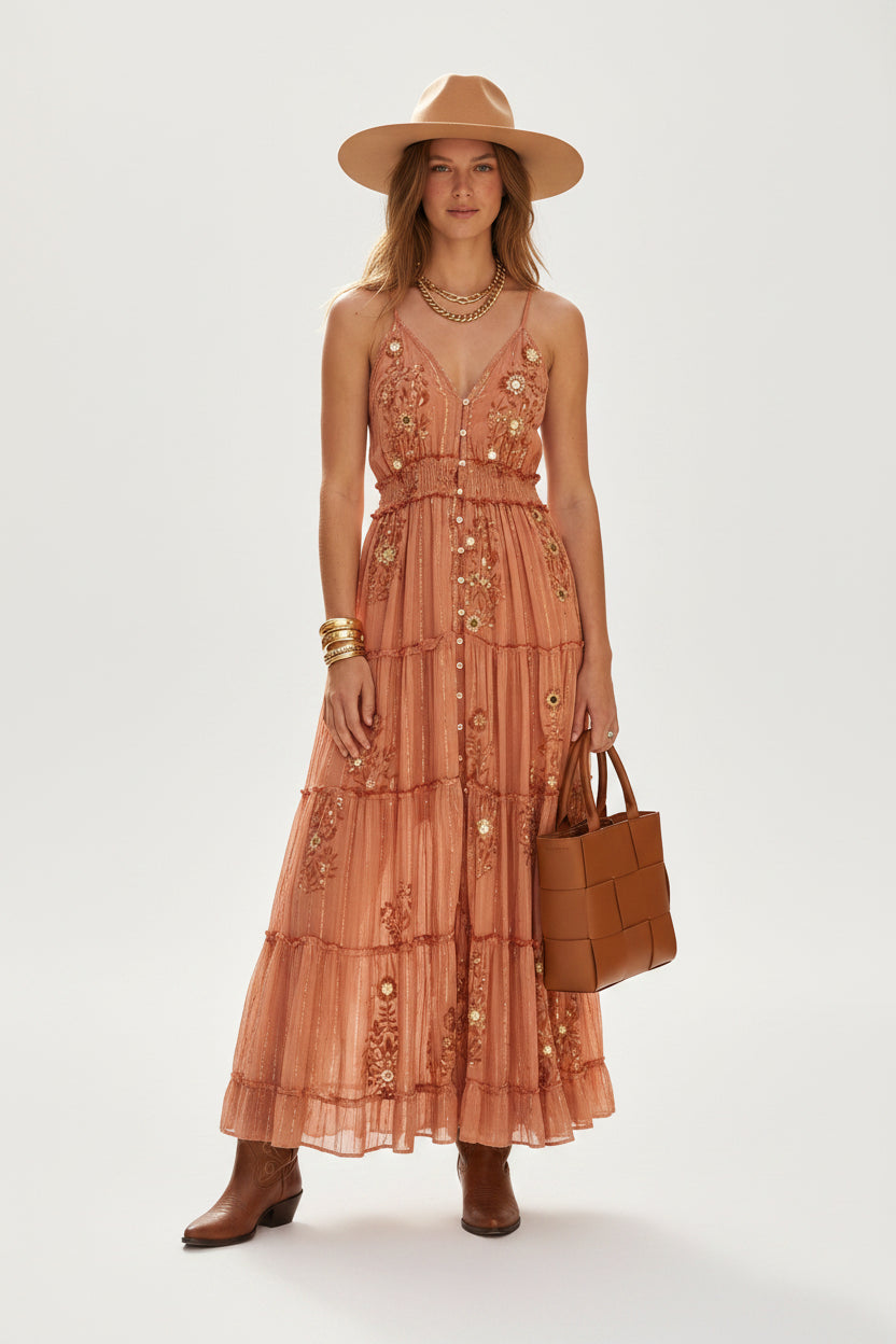 rebell boho western boho lågklänning rosa