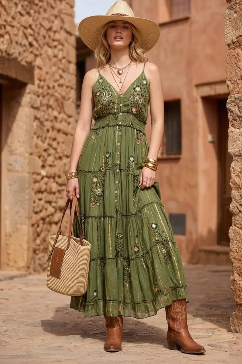 rebell boho western boho lågklänning grön